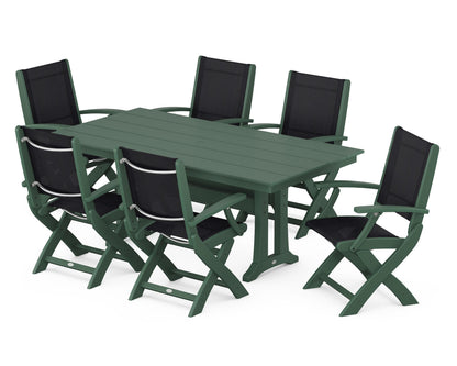 POLYWOOD® Coastal Folding Arm Chair 7-Piece Farmhouse Dining Set with Trestle Legs in Green / Black Sling
