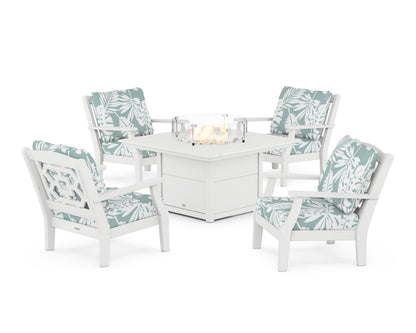 Martha Stewart by POLYWOOD® Chinoiserie 5-Piece Deep Seating Set with Fire Pit Table in White / Leaf Glacier Spa