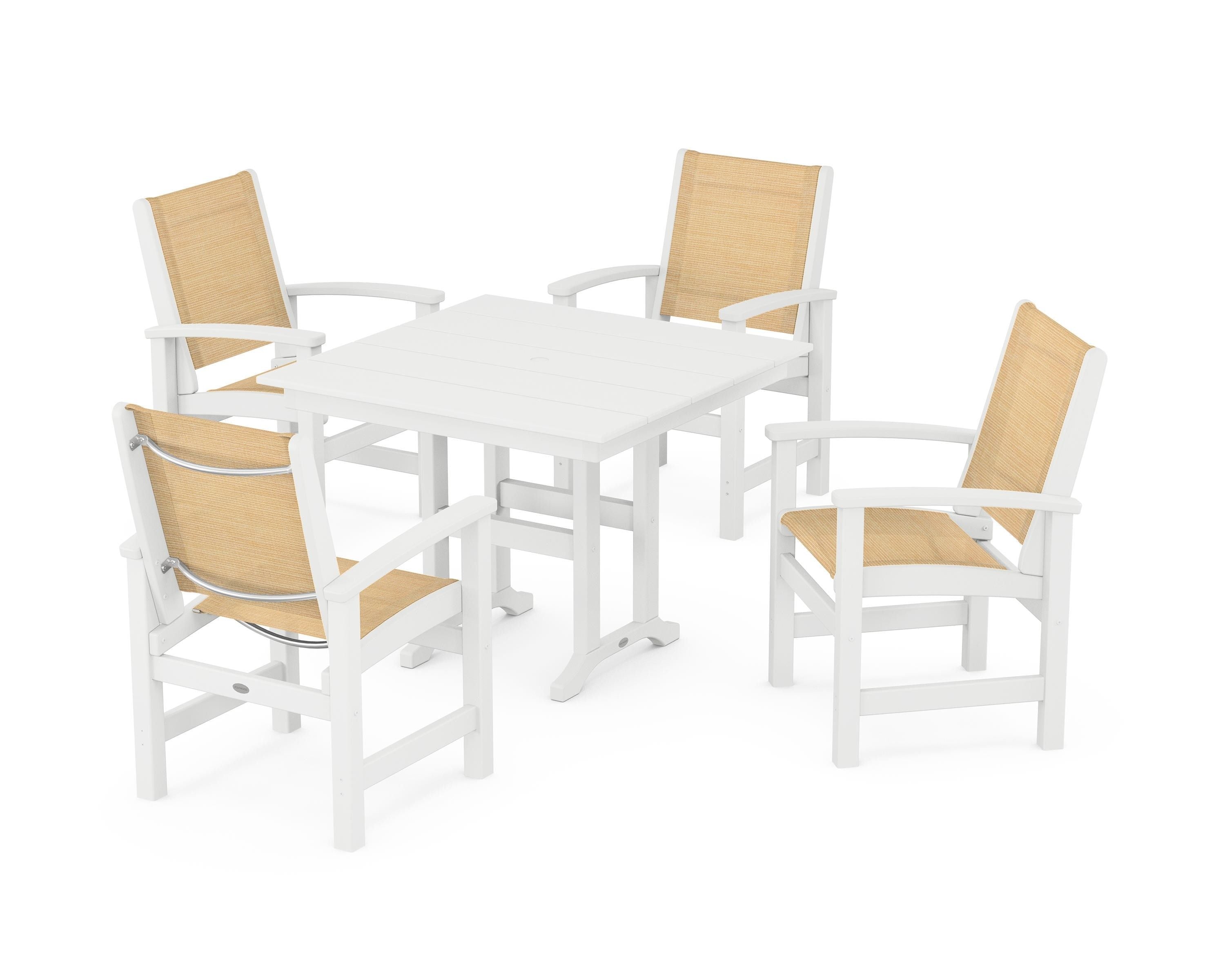 POLYWOOD® Coastal 5-Piece Farmhouse Dining Set in White / Dupioni Apricot Sling
