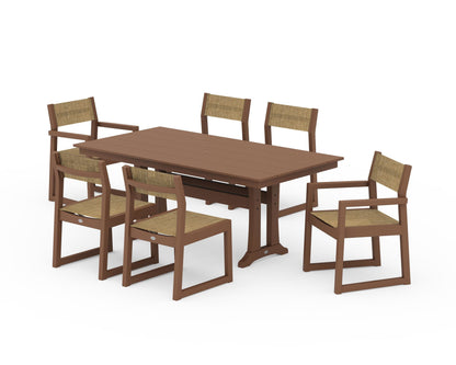 POLYWOOD® EDGE Sling 7-Piece Farmhouse Trestle Dining Set in Teak / Burlap Sling
