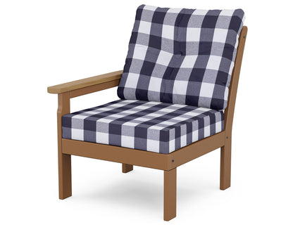 POLYWOOD® Vineyard Modular Left Arm Chair in Teak / Natural / Buffalo Plaid Navy