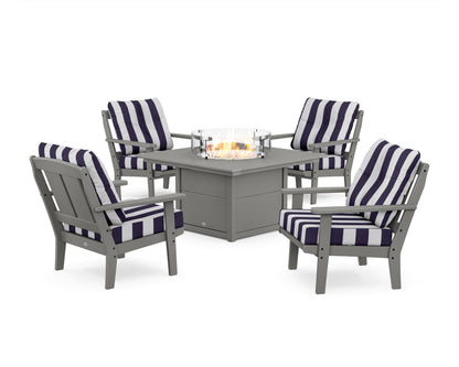 POLYWOOD® Mission 5-Piece Deep Seating Set with Fire Pit Table in Slate Grey / Cabana Stripe Navy