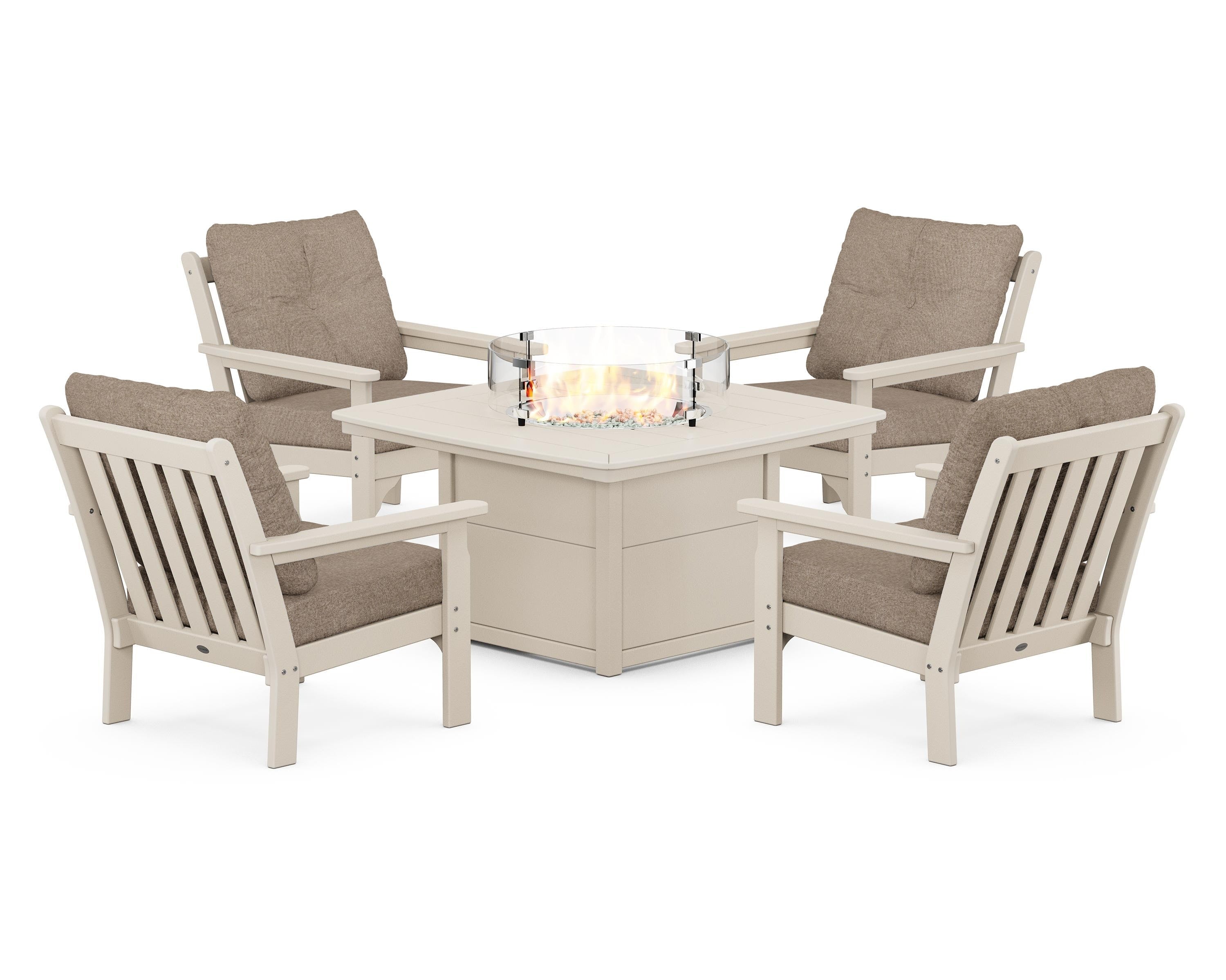 POLYWOOD® Vineyard 5-Piece Conversation Set with Fire Pit Table in Sand / Spiced Burlap