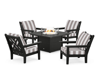 POLYWOOD® Chippendale 5-Piece Deep Seating Set with Fire Pit Table in Black / Cabana Stripe Grey Mist
