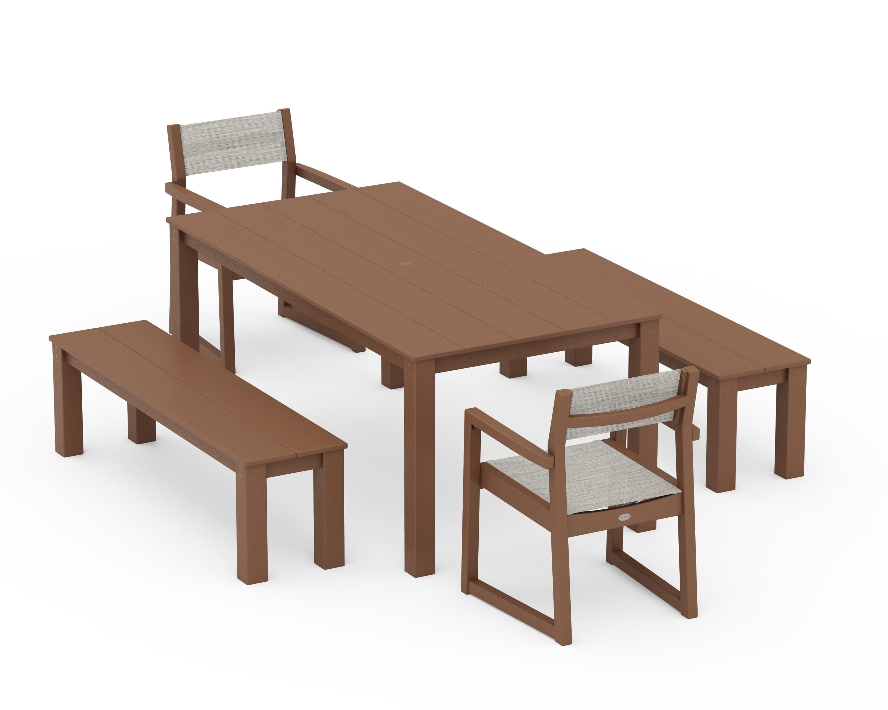 POLYWOOD® EDGE Sling Arm Chair 5-Piece Parsons Dining Set with Benches in Teak / Birch Sling
