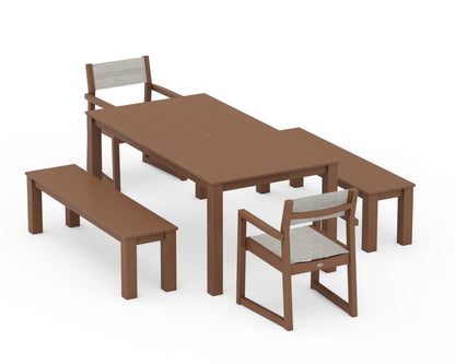 POLYWOOD® EDGE Sling Arm Chair 5-Piece Parsons Dining Set with Benches in Teak / Birch Sling