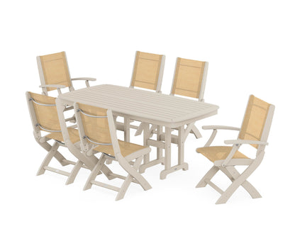 POLYWOOD® Coastal Folding Chair 7-Piece Dining Set in Sand / Dupioni Apricot Sling