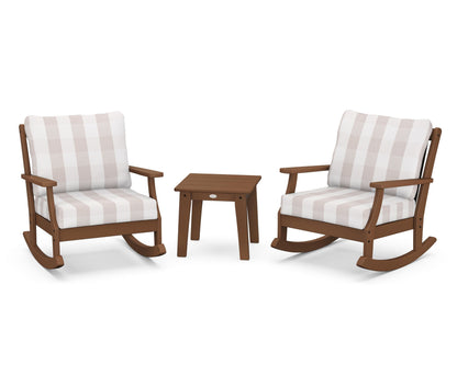 POLYWOOD® Braxton 3-Piece Deep Seating Rocker Set in Teak / Buffalo Plaid Dune Burlap