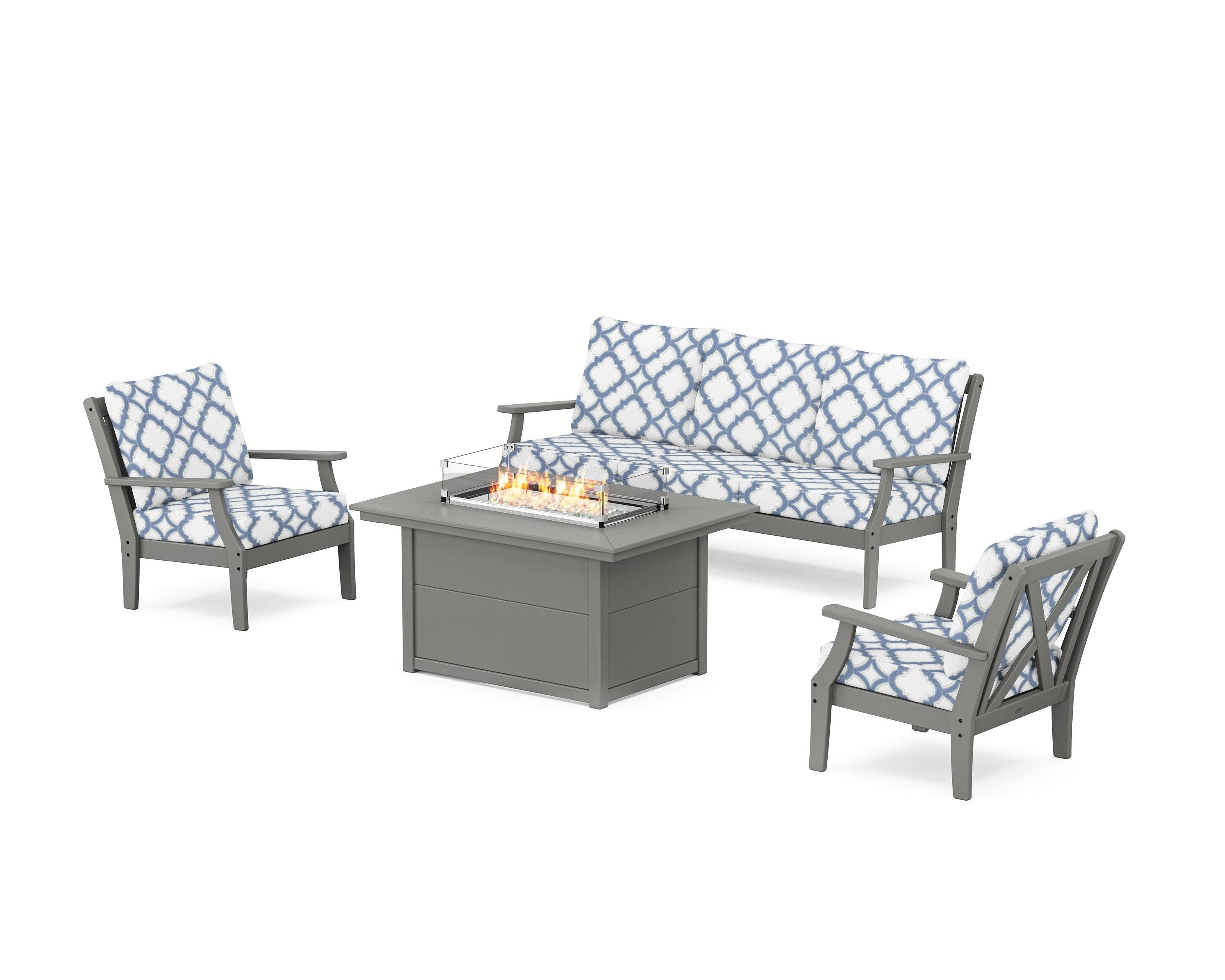 POLYWOOD® Braxton Deep Seating Fire Pit Table Set in Slate Grey / Trellis Sky Blue