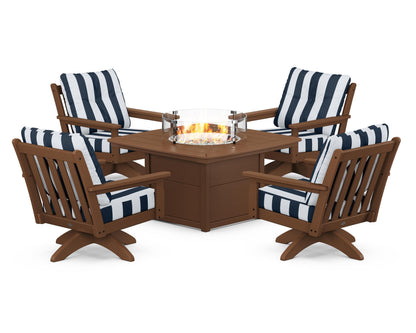 POLYWOOD® Vineyard 5-Piece Deep Seating Swivel Conversation Set with Fire Pit Table in Teak / Cabana Stripe Marine Indigo