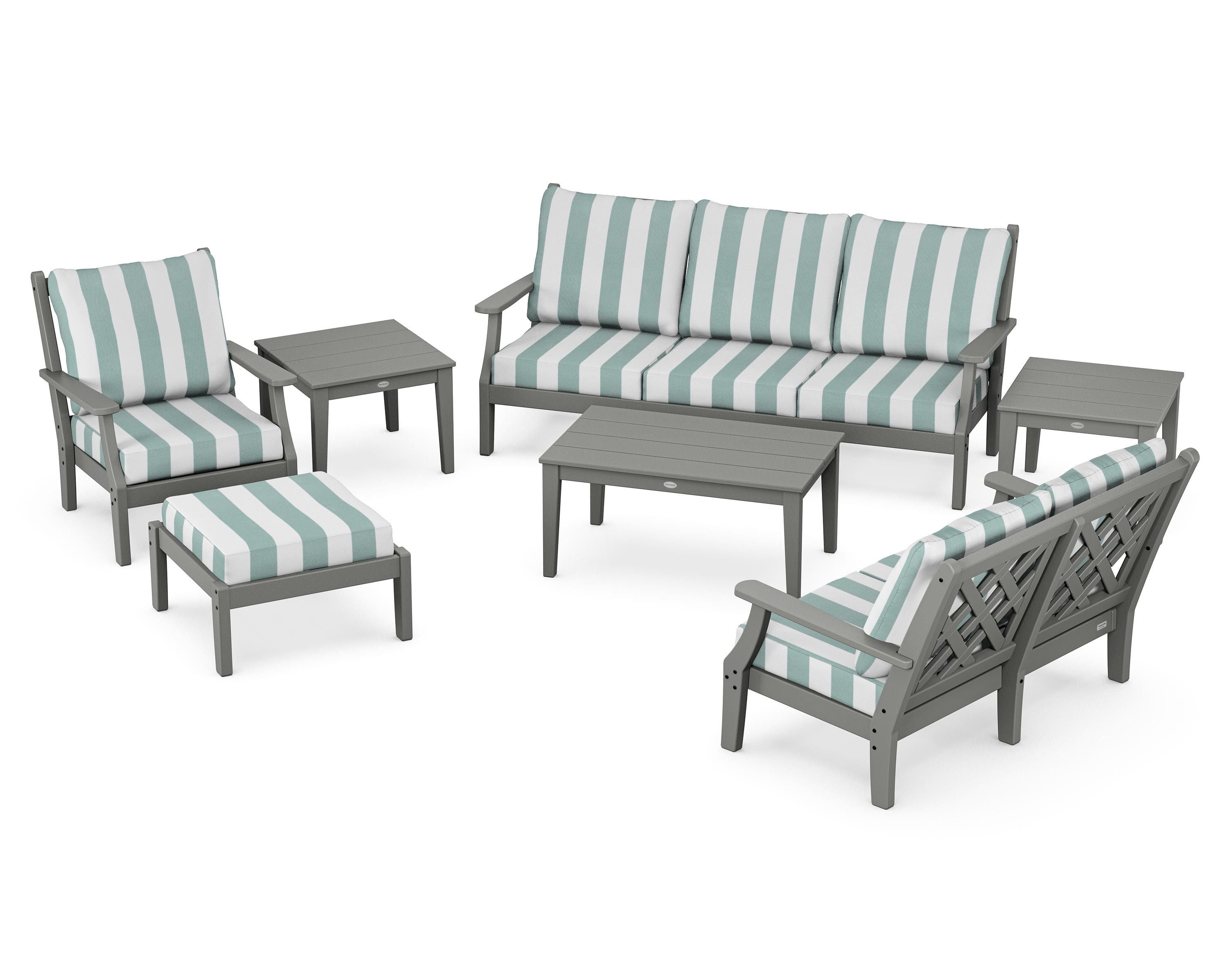Country Living Wovendale 7-Piece Deep Seating Set in Slate Grey / Cabana Stripe Glacier Spa