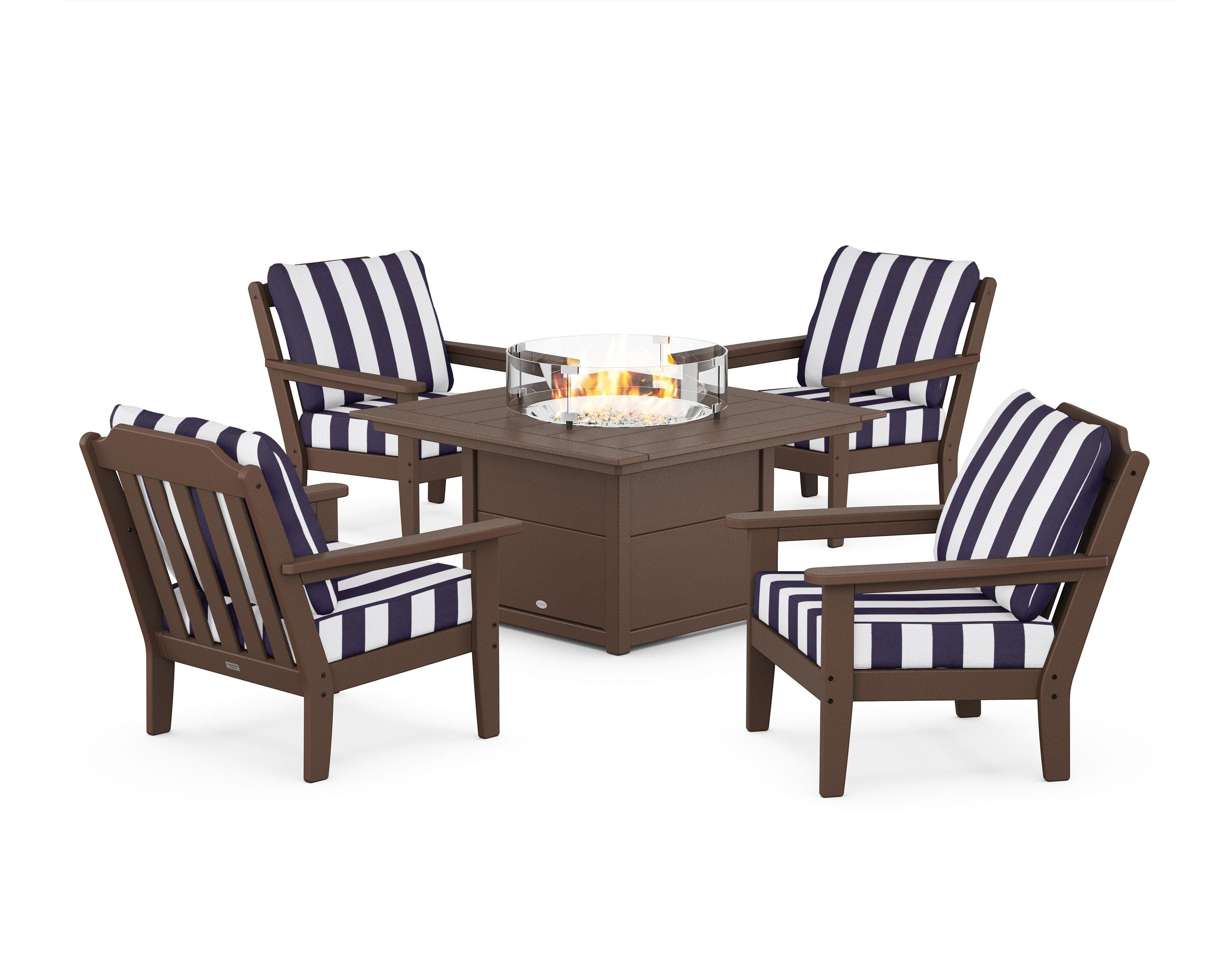 Country Living Cottage 5-Piece Deep Seating Set with Fire Pit Table in Mahogany / Cabana Stripe Navy