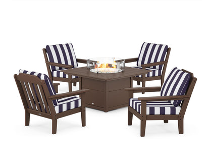 Country Living Cottage 5-Piece Deep Seating Set with Fire Pit Table in Mahogany / Cabana Stripe Navy
