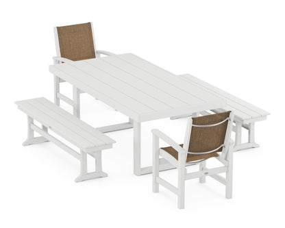 POLYWOOD® Coastal 5-Piece Dining Set with Trestle Legs in White / Burlap Sling
