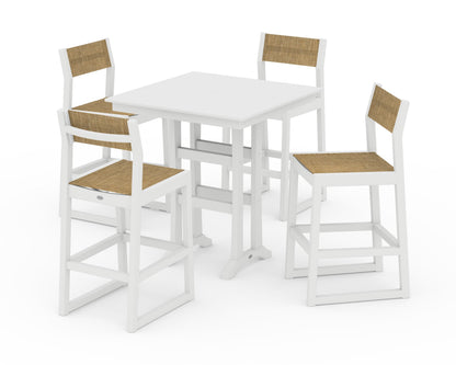 POLYWOOD® EDGE Sling Arm Chair 5-Piece Farmhouse Bar Set with Trestle Legs in White / Burlap Sling