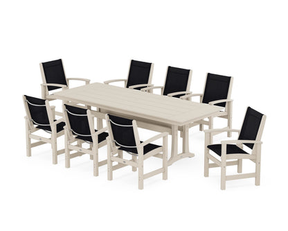 POLYWOOD® Coastal 9-Piece Farmhouse Dining Set with Trestle Legs in Sand / Black Sling
