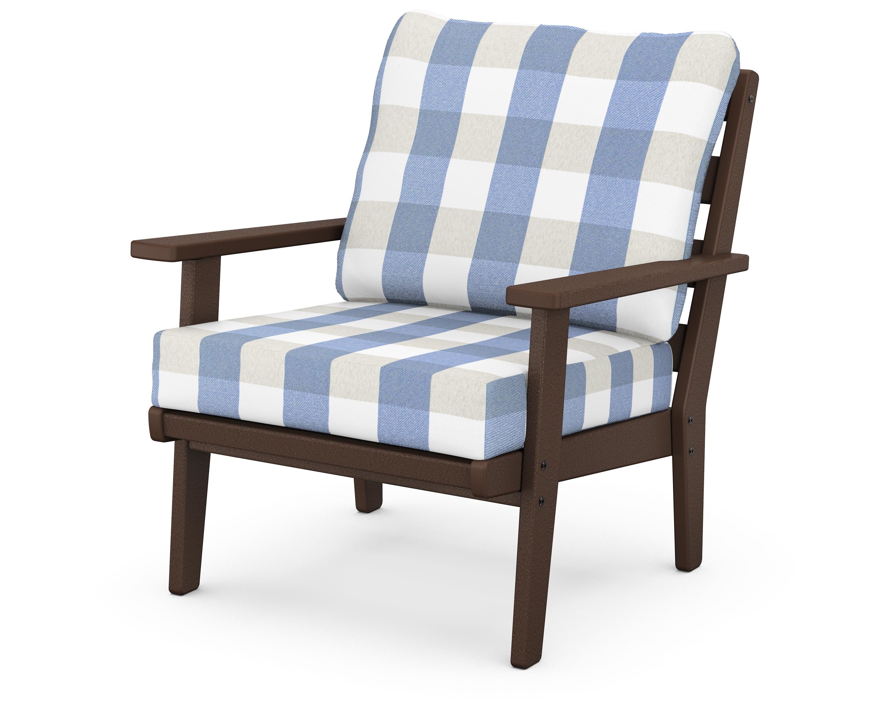 POLYWOOD® Grant Park Deep Seating Chair in Mahogany / Buffalo Plaid Sky Blue