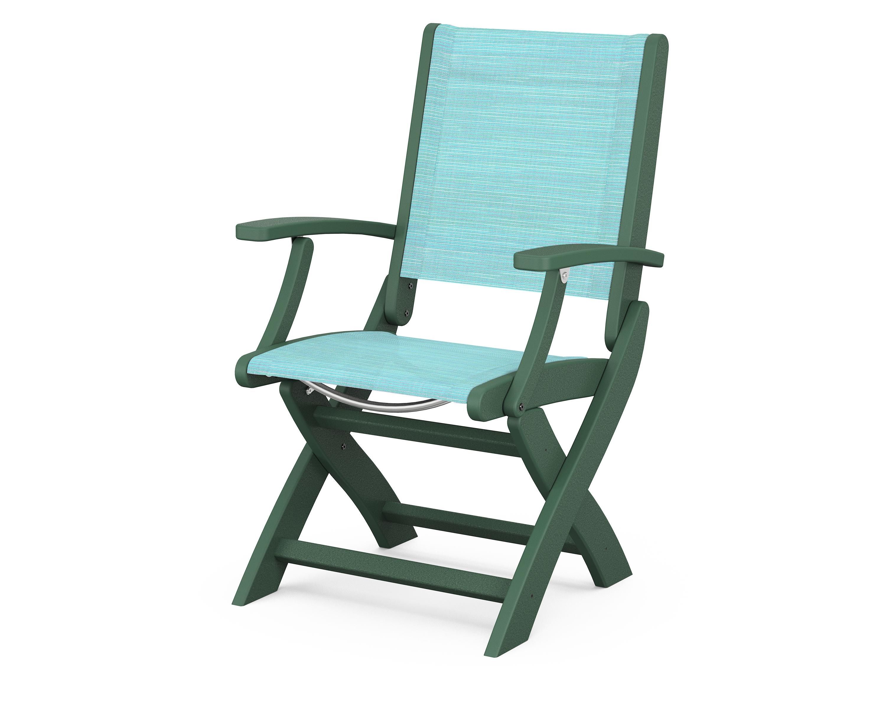 POLYWOOD® Coastal Folding Chair in Green / Dupioni Aquamarine Sling