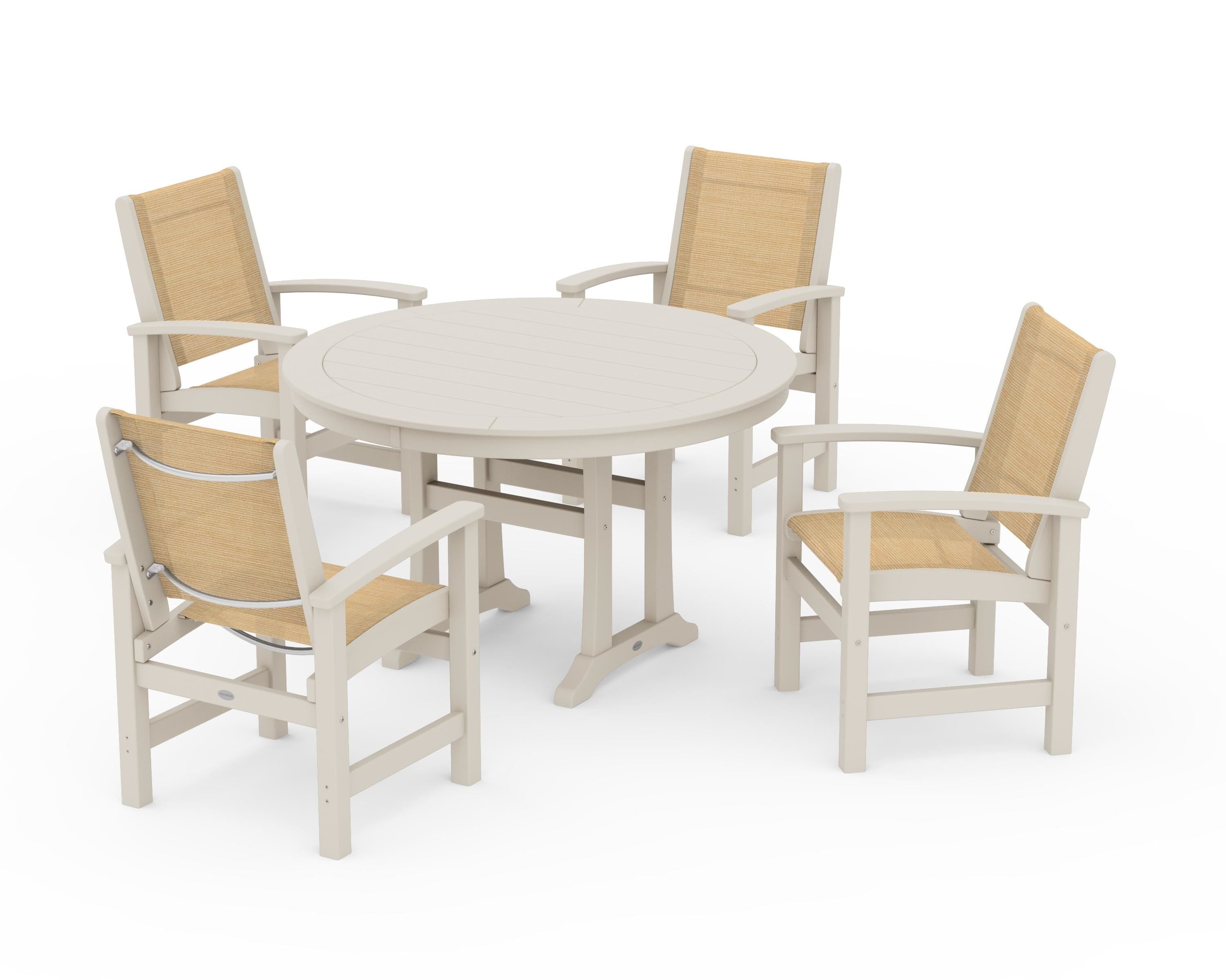 POLYWOOD® Coastal 5-Piece Round Dining Set with Trestle Legs in Sand / Dupioni Apricot Sling