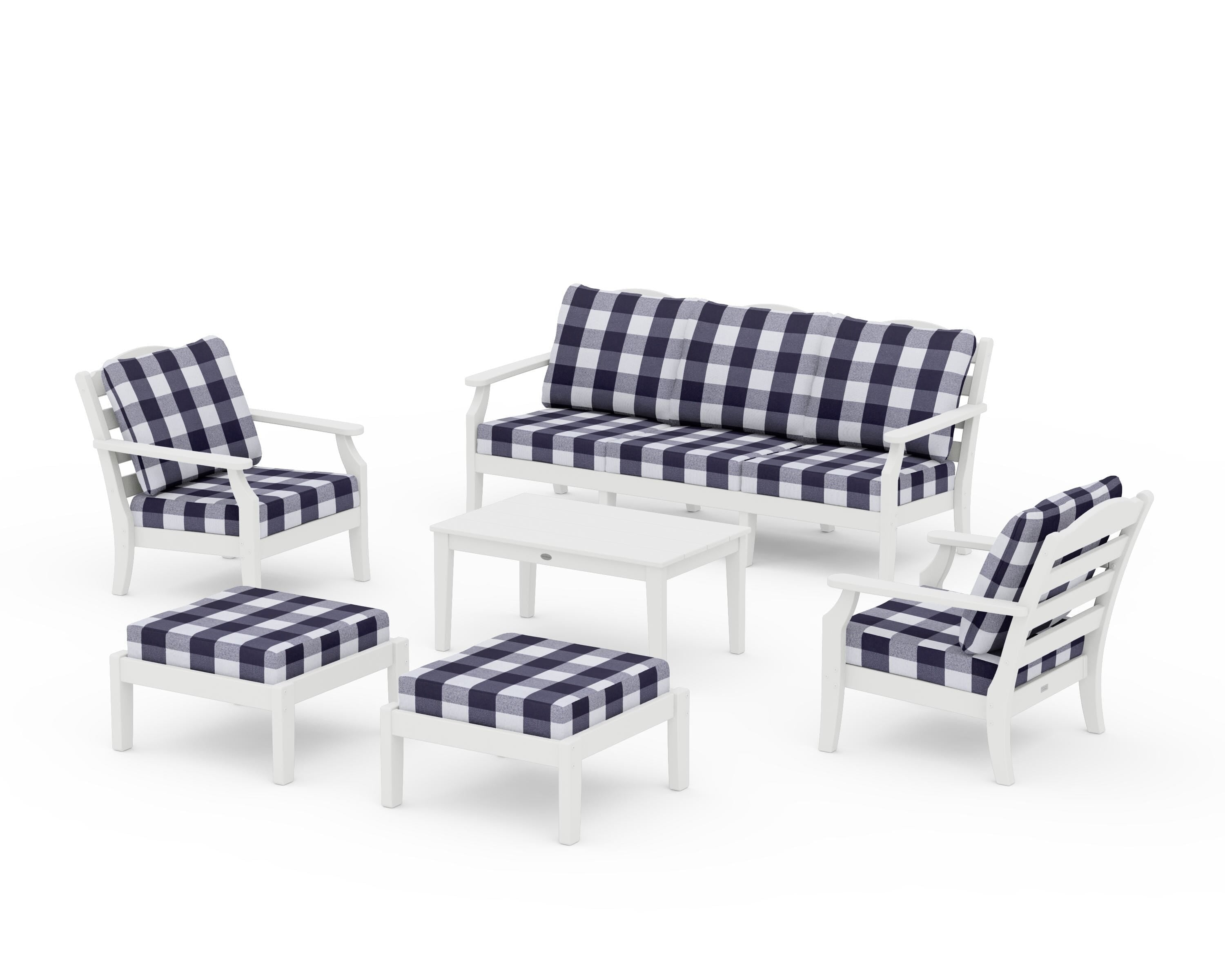 Draper James™ by  POLYWOOD® Savannah 6-Piece Lounge Sofa Set in White / Buffalo Plaid Navy