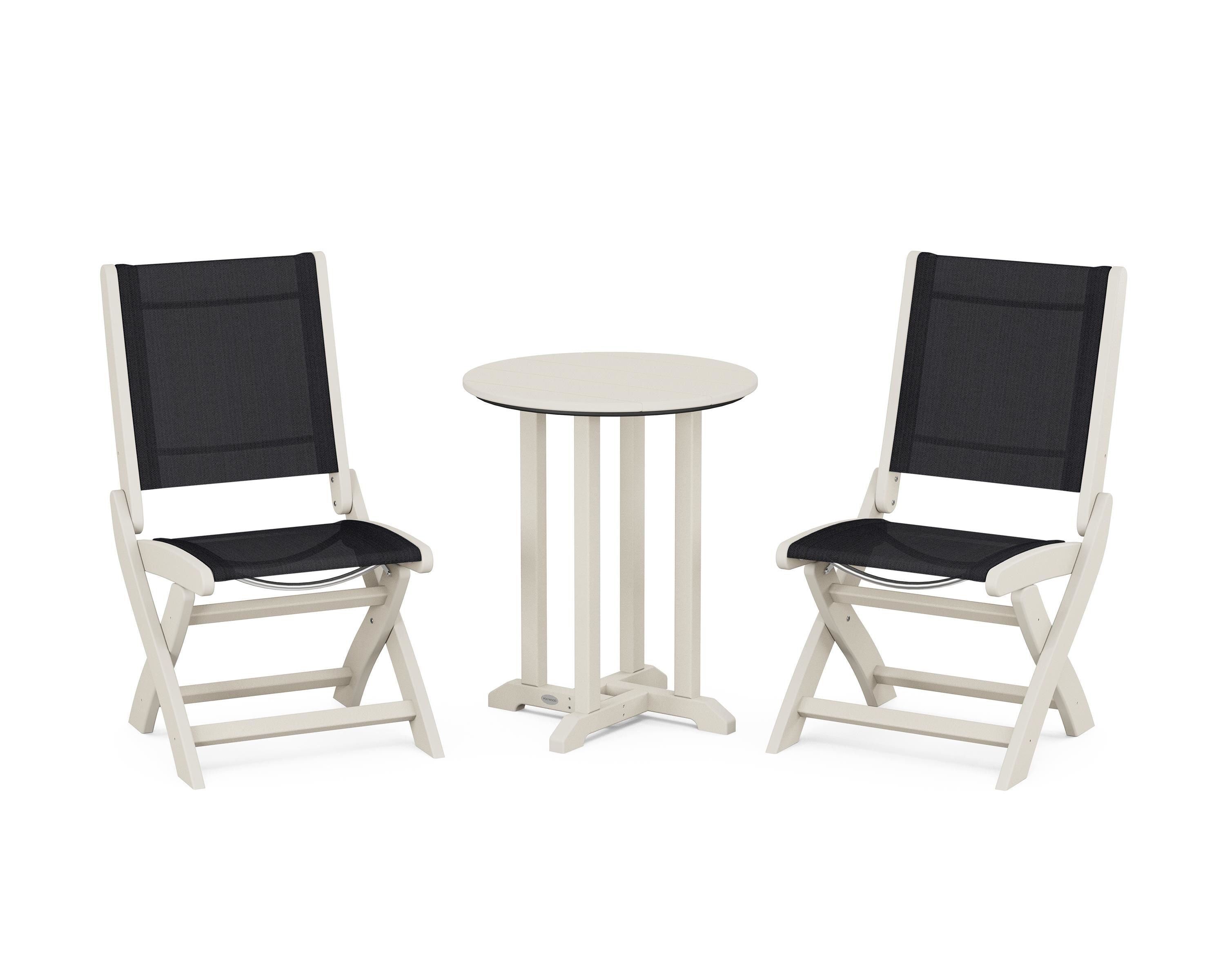 POLYWOOD® Coastal Folding Side Chair 3-Piece Round Bistro Dining Set in Sand / Black Sling