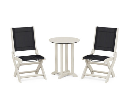 POLYWOOD® Coastal Folding Side Chair 3-Piece Round Bistro Dining Set in Sand / Black Sling
