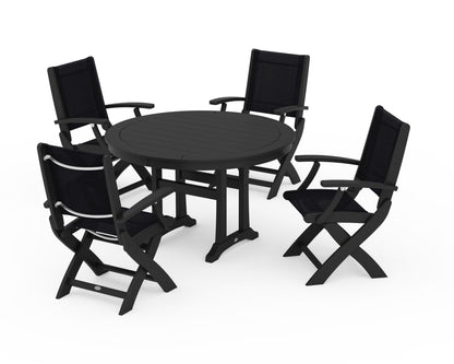 POLYWOOD® Coastal Folding Chair 5-Piece Round Dining Set with Trestle Legs in Black / Black Sling