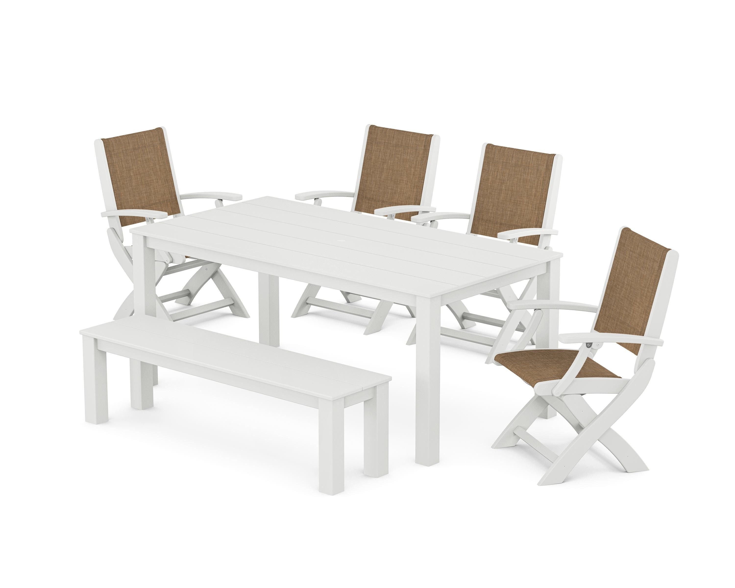 POLYWOOD® Coastal Folding Chair 6-Piece Parsons Dining Set with Bench in White / Burlap Sling
