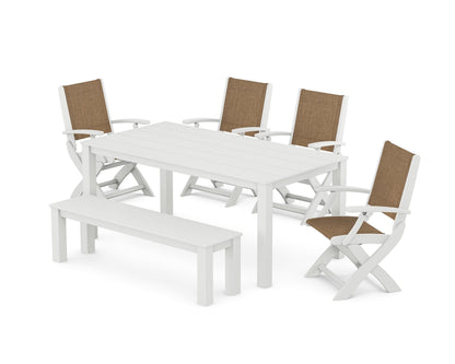 POLYWOOD® Coastal Folding Chair 6-Piece Parsons Dining Set with Bench in White / Burlap Sling
