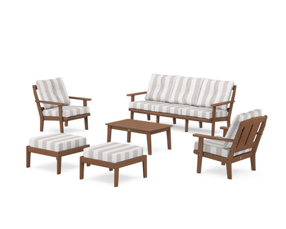 POLYWOOD® Mission 6-Piece Lounge Sofa Set in Teak / Cabana Stripe Dune Burlap