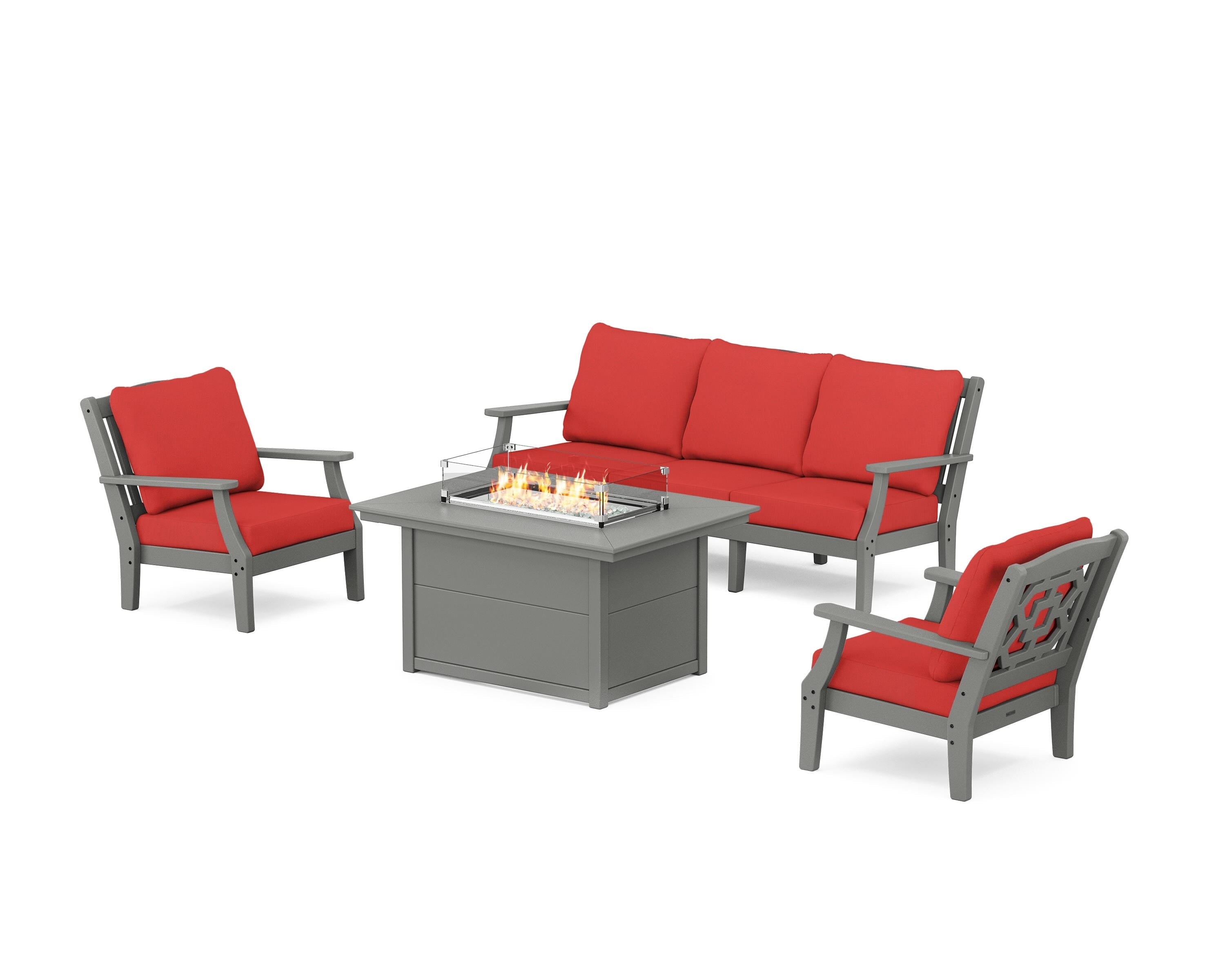Martha Stewart by POLYWOOD® Chinoiserie Deep Seating Fire Pit Table Set in Slate Grey / Crimson Linen