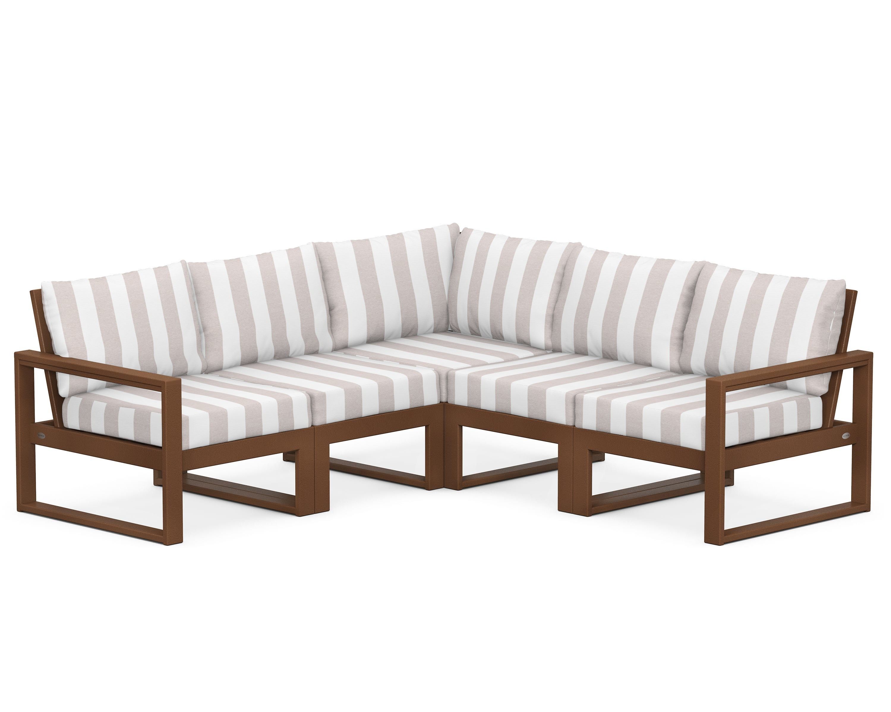 POLYWOOD® EDGE 5-Piece Modular Deep Seating Set in Teak / Cabana Stripe Dune Burlap