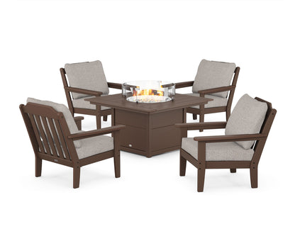 Country Living Cottage 5-Piece Deep Seating Set with Fire Pit Table in Mahogany / Weathered Tweed