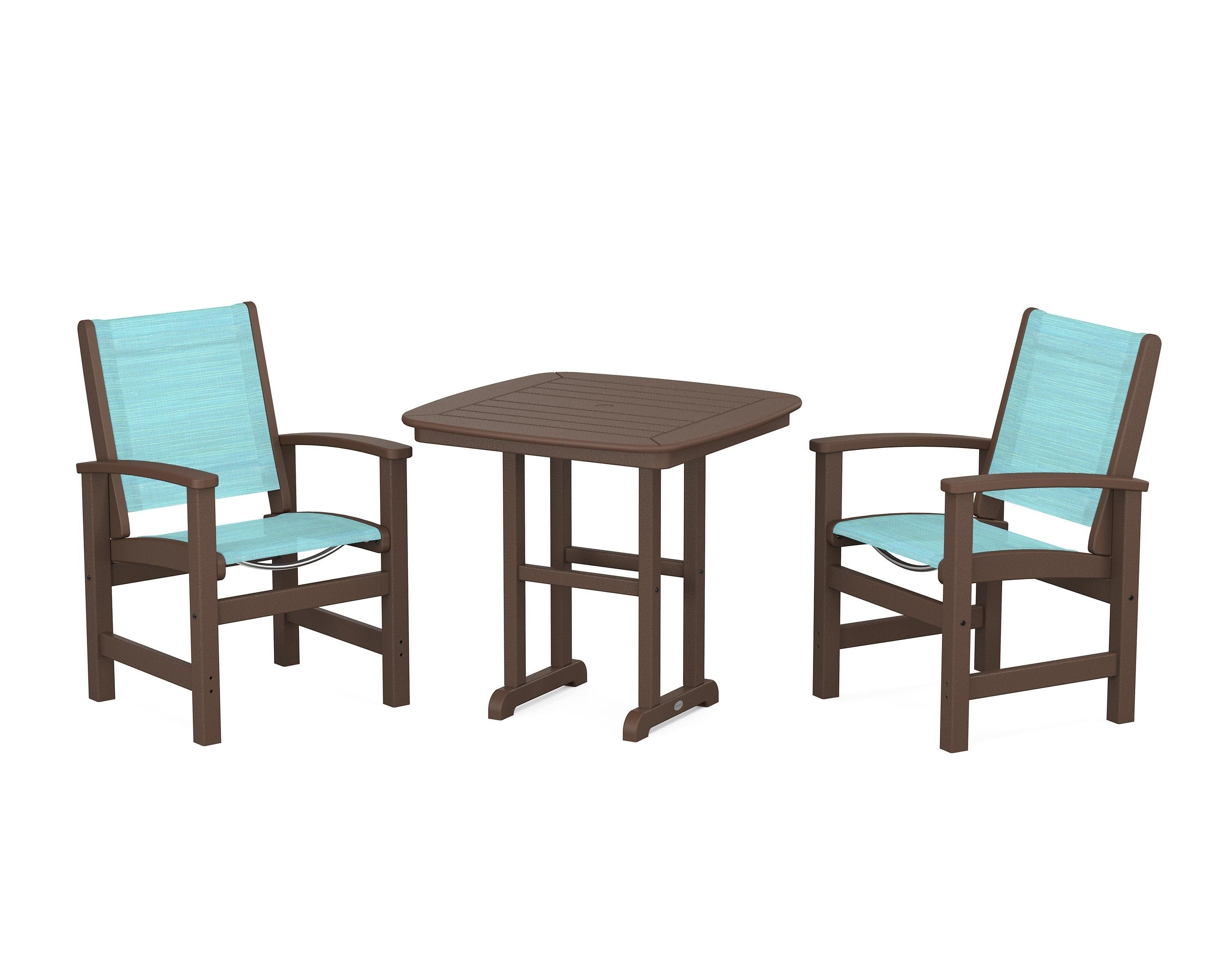 POLYWOOD® Coastal 3-Piece Dining Set in Mahogany / Dupioni Aquamarine Sling