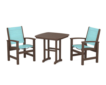 POLYWOOD® Coastal 3-Piece Dining Set in Mahogany / Dupioni Aquamarine Sling