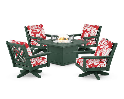 POLYWOOD® Chippendale 5-Piece Deep Seating Swivel Conversation Set with Fire Pit Table in Green / Leaf Crimson