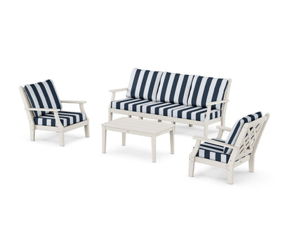 Country Living Wovendale 4-Piece Deep Seating Set with Sofa in Sand / Cabana Stripe Marine Indigo