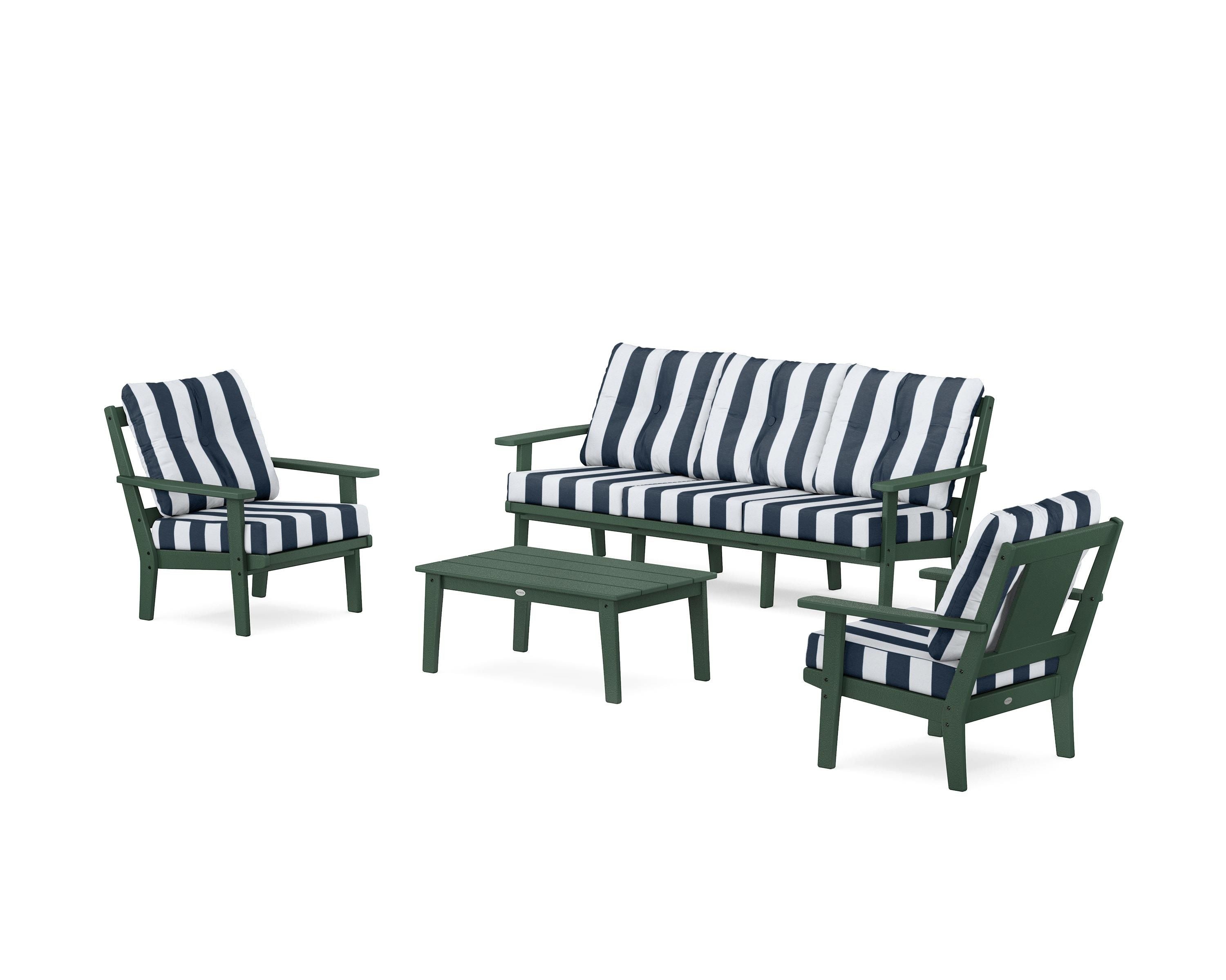 POLYWOOD® Prairie 4-Piece Deep Seating Set with Sofa in Green / Cabana Stripe Marine Indigo