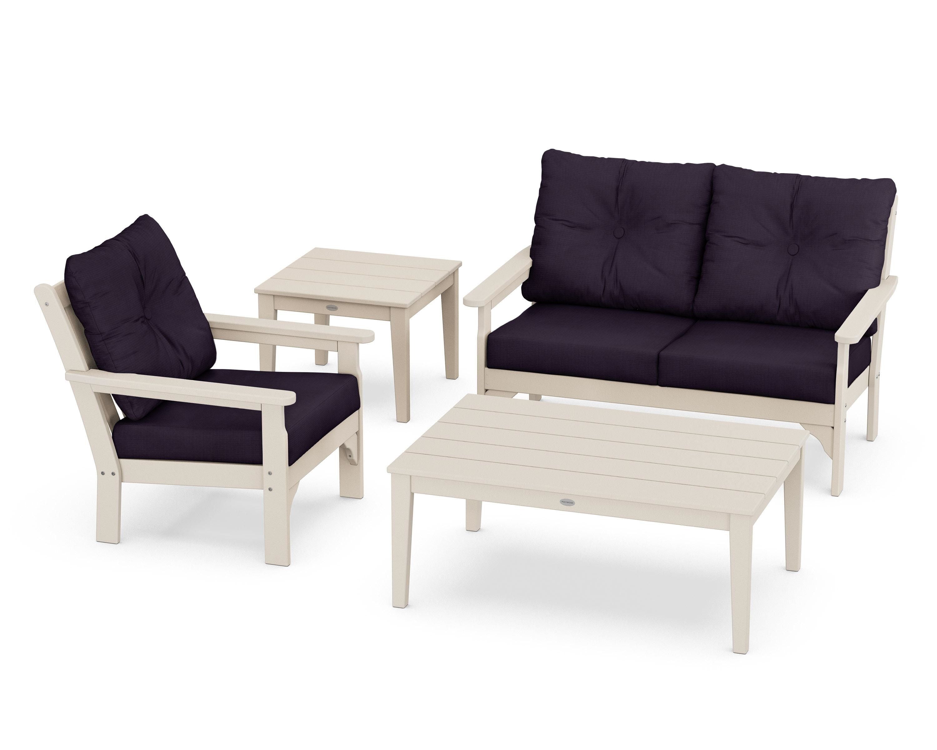 POLYWOOD® Vineyard 4-Piece Deep Seating Set in Sand / Navy Linen