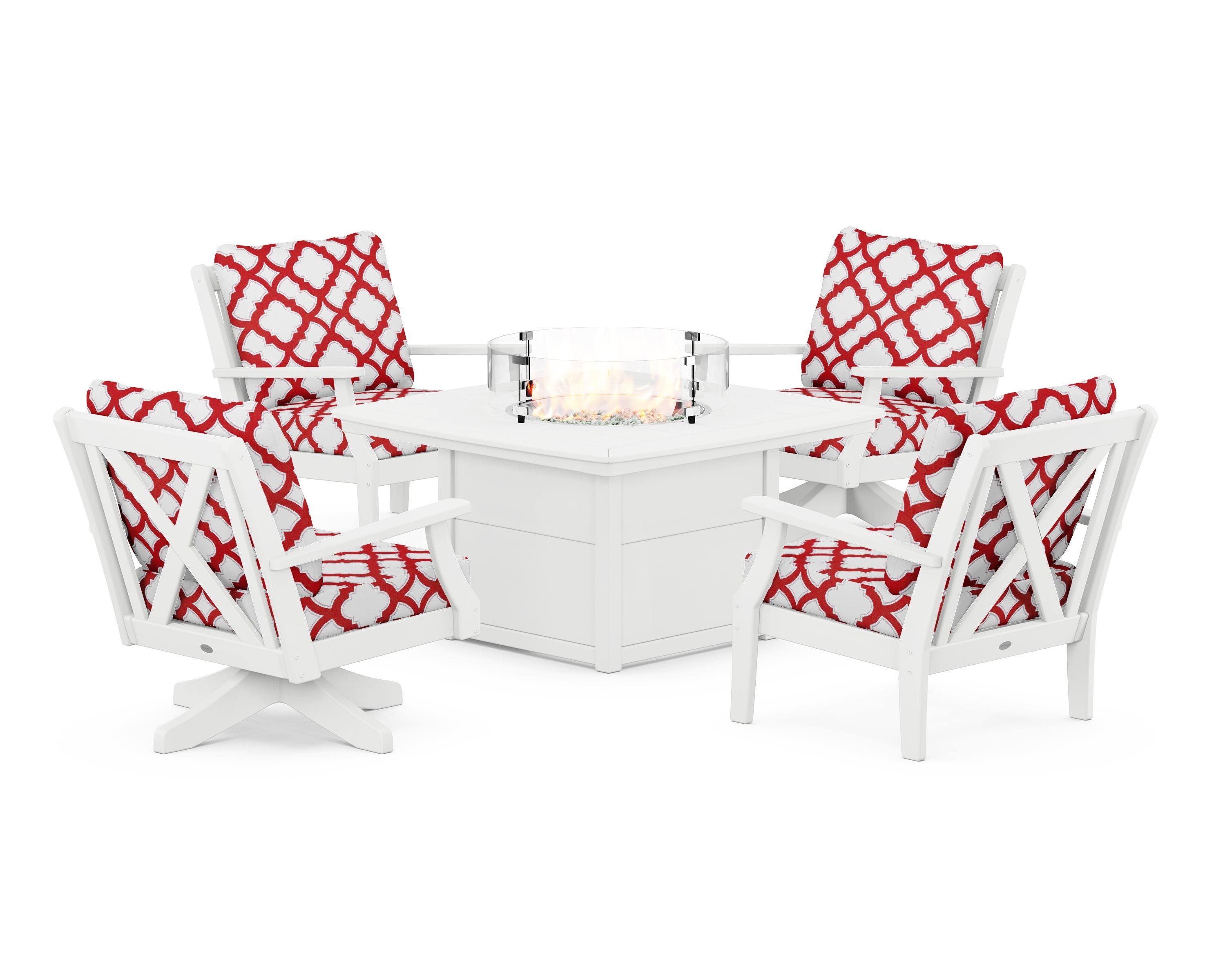 POLYWOOD® Braxton 5-Piece Deep Seating Set with Fire Table in White / Trellis Crimson
