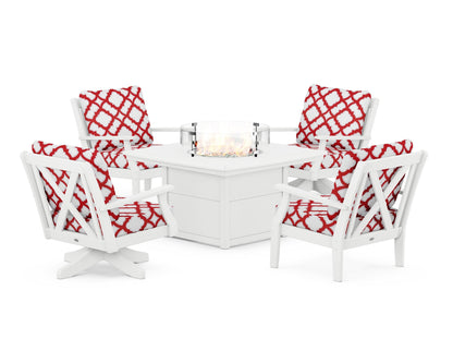 POLYWOOD® Braxton 5-Piece Deep Seating Set with Fire Table in White / Trellis Crimson