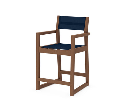 POLYWOOD® EDGE Sling Counter Arm Chair in Teak / Navy Blue Sling