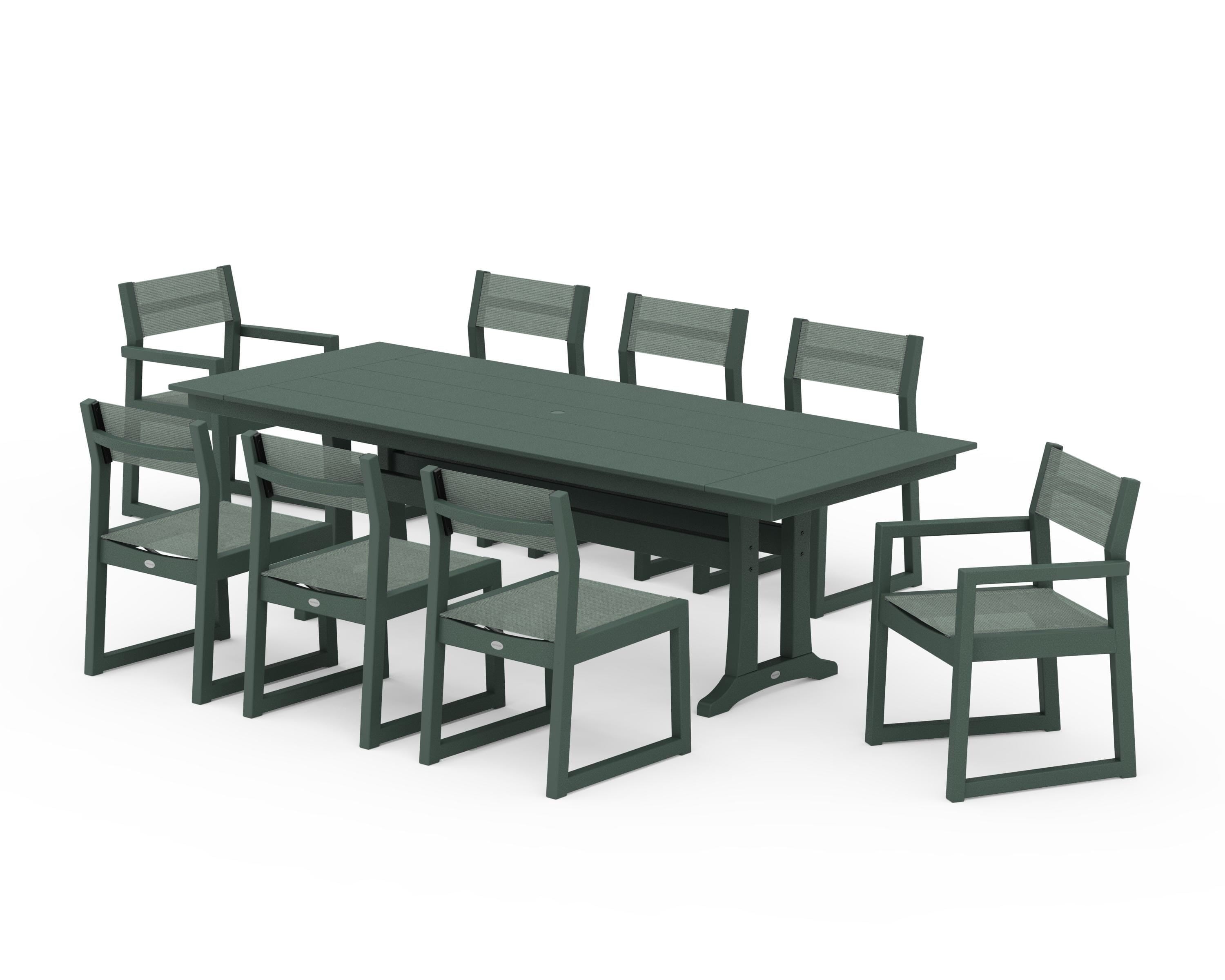 POLYWOOD® EDGE Sling 9-Piece Farmhouse Trestle Dining Set in Green / Dupioni Sea Mist Sling