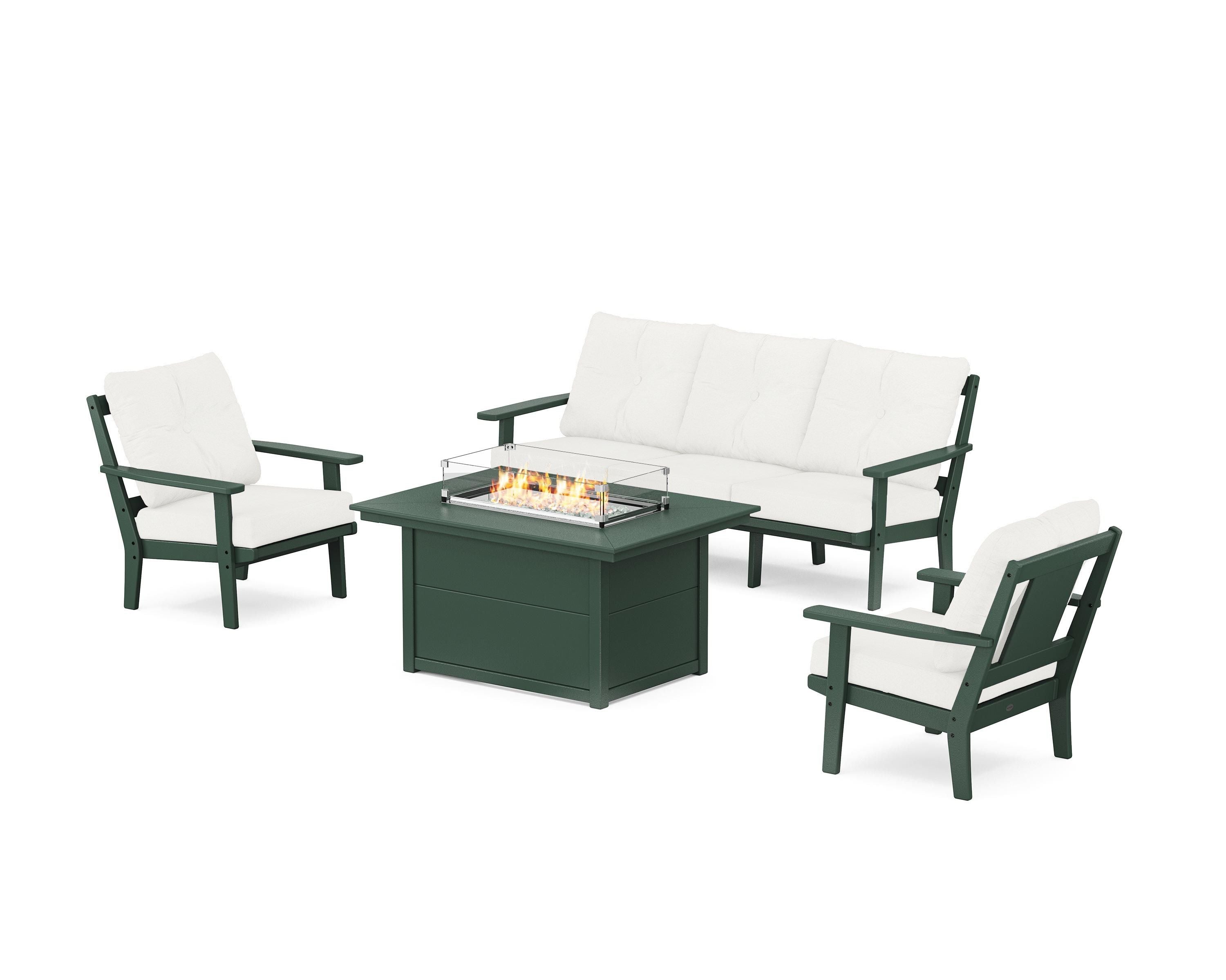 POLYWOOD® Prairie Deep Seating Fire Pit Table Set in Green / Natural Linen