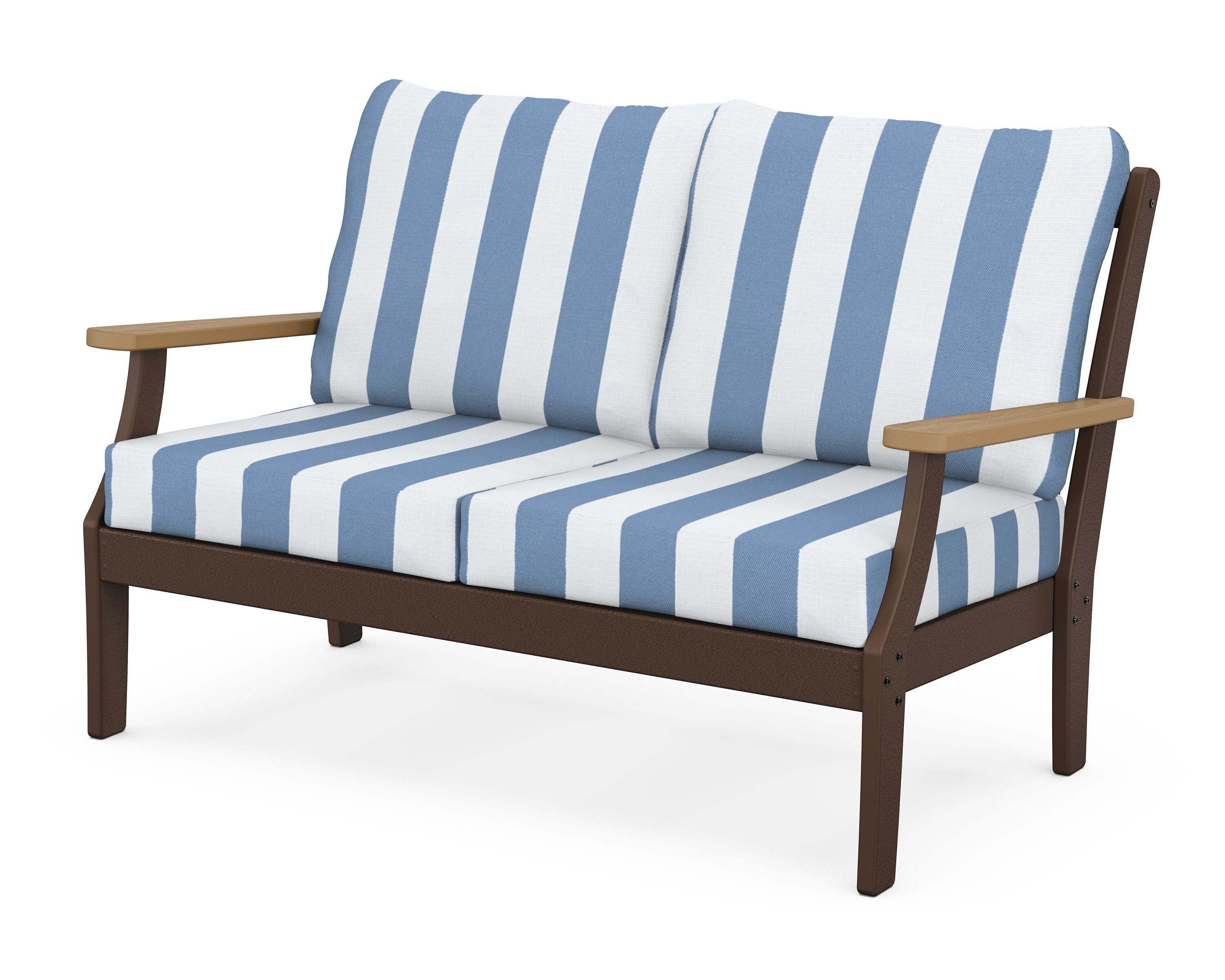 POLYWOOD® Braxton Deep Seating Loveseat in Mahogany / Natural / Cabana Stripe Sky Blue