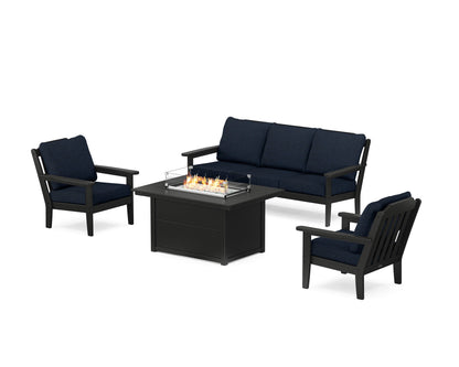 Country Living Cottage Deep Seating Fire Pit Table Set in Black / Marine Indigo