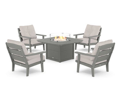 POLYWOOD® Lakeside 5-Piece Deep Seating Set with Nautical Fire Pit Table in Slate Grey / Dune Burlap