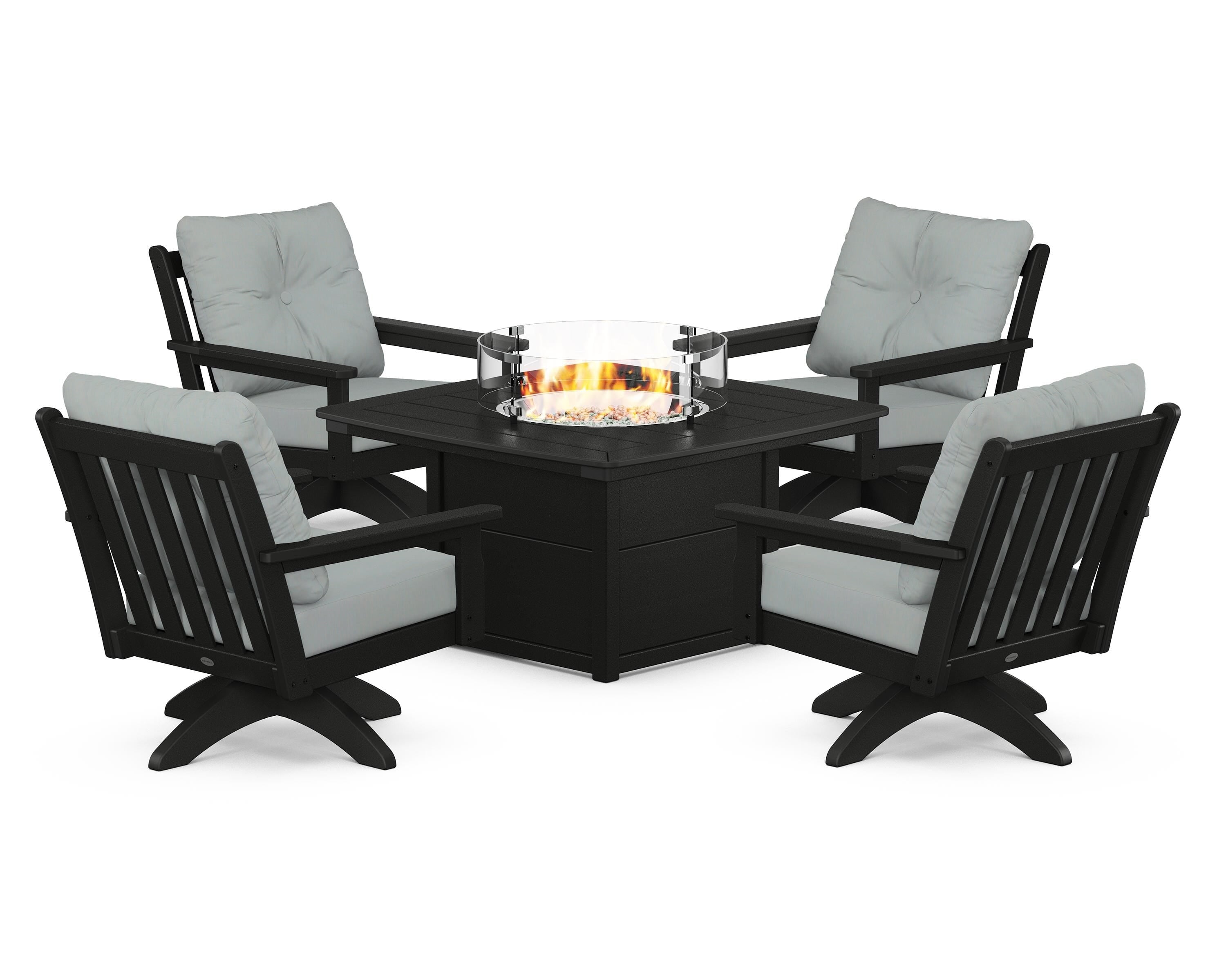POLYWOOD® Vineyard 5-Piece Deep Seating Swivel Conversation Set with Fire Pit Table in Black / Spa