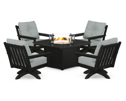 POLYWOOD® Vineyard 5-Piece Deep Seating Swivel Conversation Set with Fire Pit Table in Black / Spa