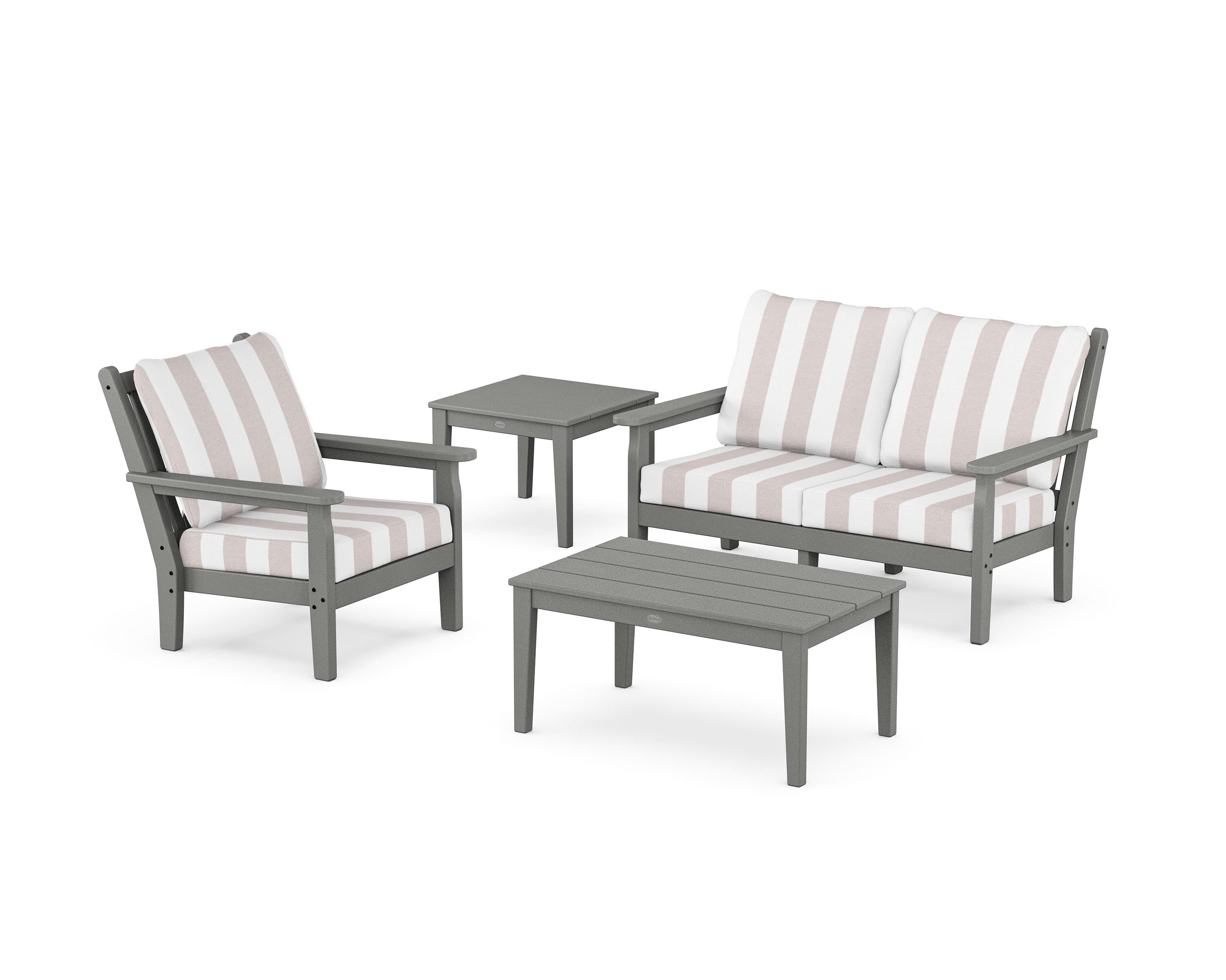 POLYWOOD® Chippendale 4-Piece Deep Seating Set in Slate Grey / Cabana Stripe Dune Burlap